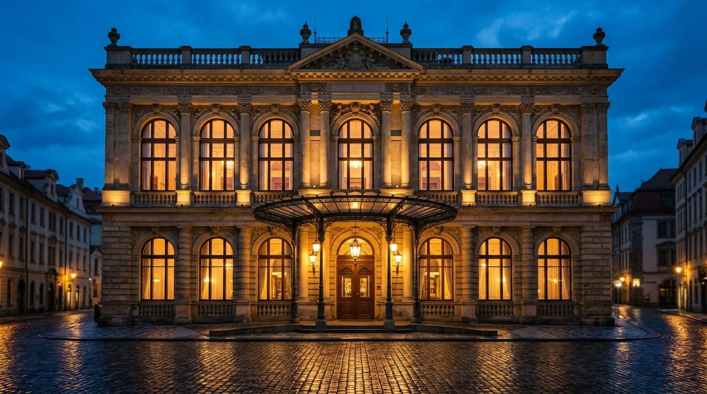 Ilustrace architektonického konceptu elegantní budovy kamenného kasina v Praze během večerní modré hodinky